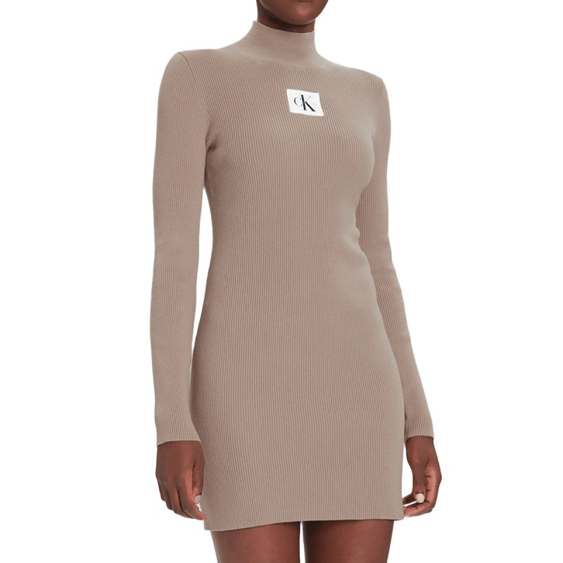 Calvin Klein Vestido Manga Larga De Punto De Algodón Con El Cuello Vuelto Marrón Pueblo Sand Mujer