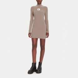 Calvin Klein Vestido Manga Larga De Punto De Algodón Con El Cuello Vuelto Marrón Pueblo Sand Mujer