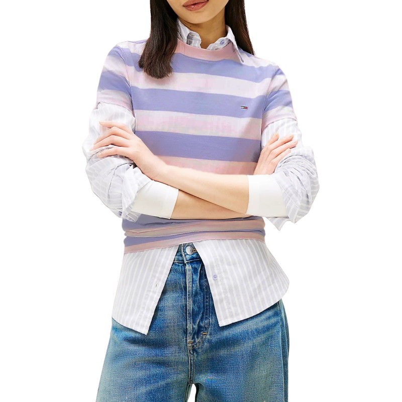 Tommy Hilfiger Camiseta Reg s Flag Rosa Morado Periwinkle Dust Multi Stripe Mujer