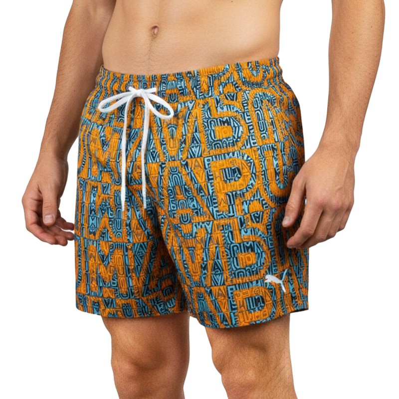 Puma Bañador Swim Printed Mid Shorts 1p Naranja Verde Orange Mint Hombre