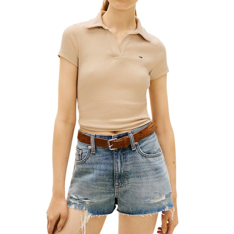 Tommy Hilfiger Polo Acanalado Slim Beige White Clay Mujer