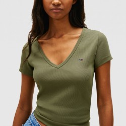 Tommy Hilfiger Camiseta Slim Essential Verde Bay Leaf Mujer