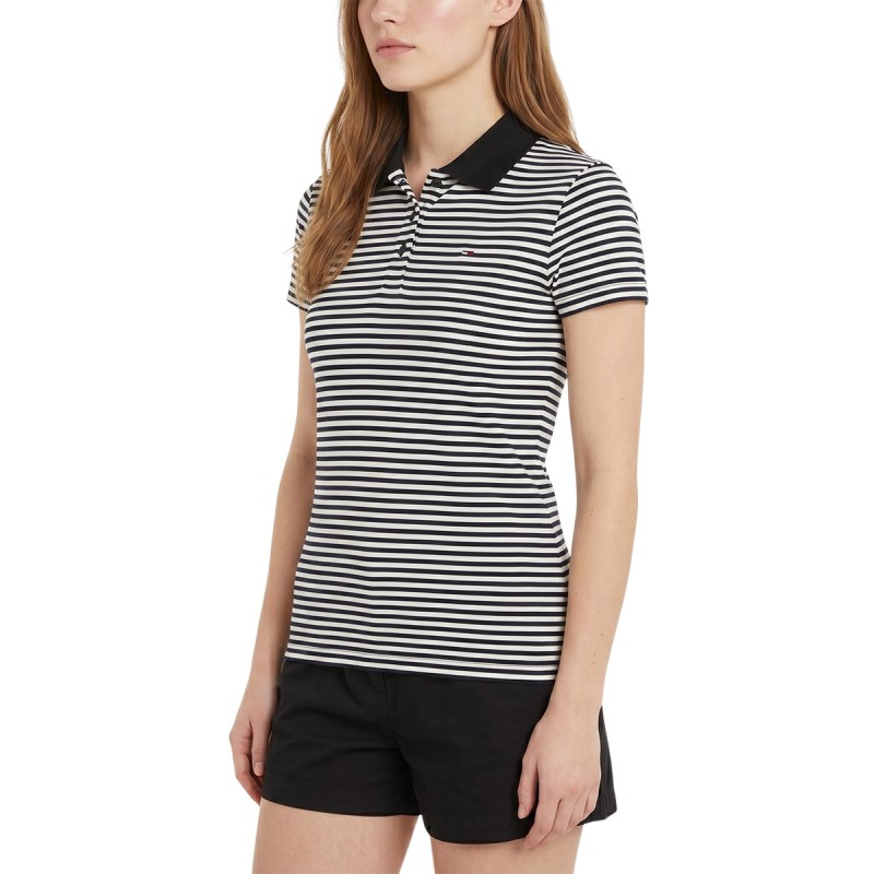 Tommy Hilfiger Polo Manga Corta Essential A Rayas Blanco Negro Black Ecru Stripe Mujer