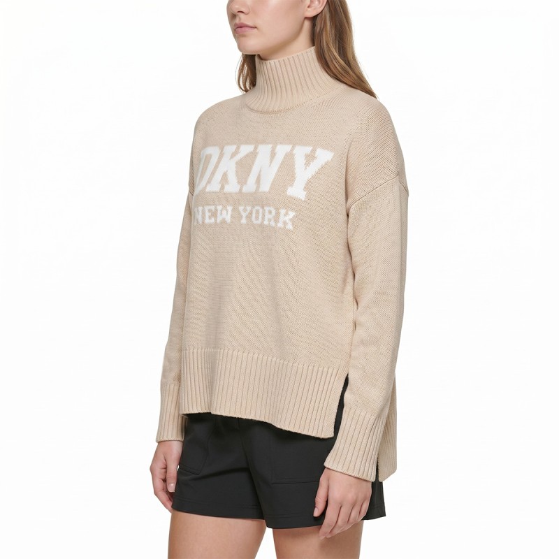 DKNY Jersey Punto Cuello Alto Beige Mujer