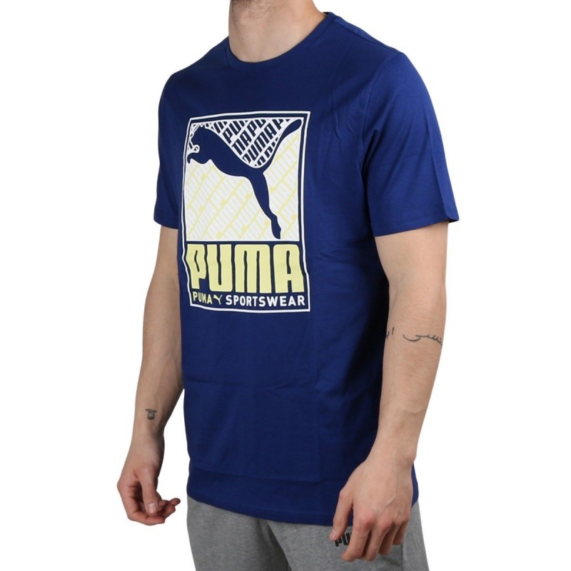 Puma Camiseta Cat Box Tee Elektro Blue Azul Amarillo Hombre